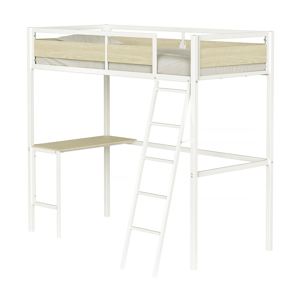 Lit mezzanine 90x190 cm en métal blanc avec bureau intégré en bois clair et échelle inclinée, idéal pour aménager un espace de travail et de couchage compact dans une chambre d’enfant ou d’adolescent. Design fonctionnel et gain de place.