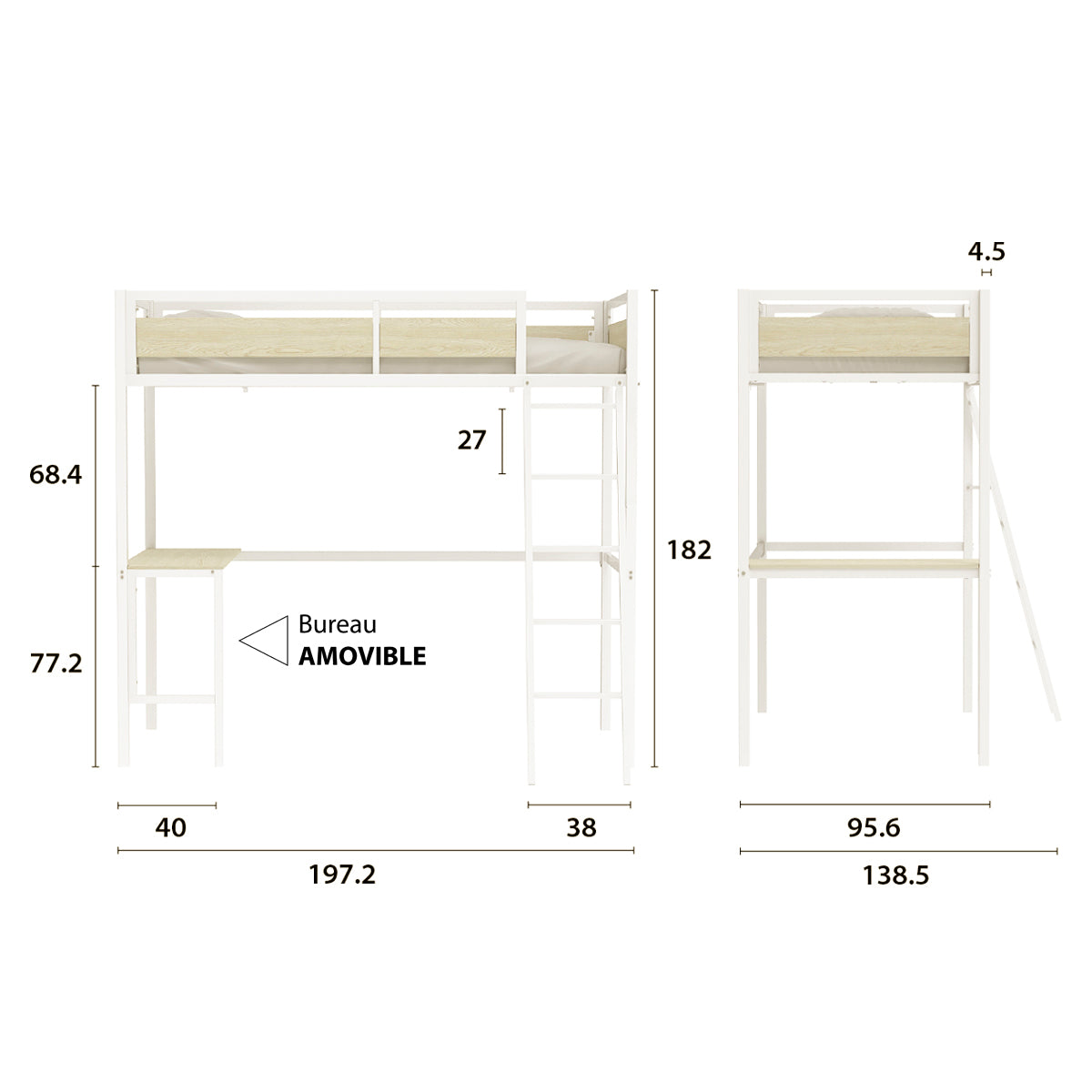 Détail des principales dimensions du lit mezzanine DINO avec bureau 90x190 cm en métal finition mélamine chêne et métal blanc
