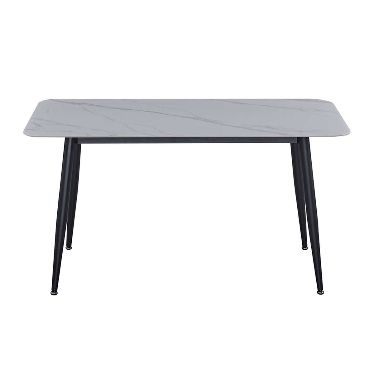 Vue de face de la table à manger rectangulaire 4 - 6 places DIVA dimensions 140 x 80 cm en finition stratifié aspect marbre blanc