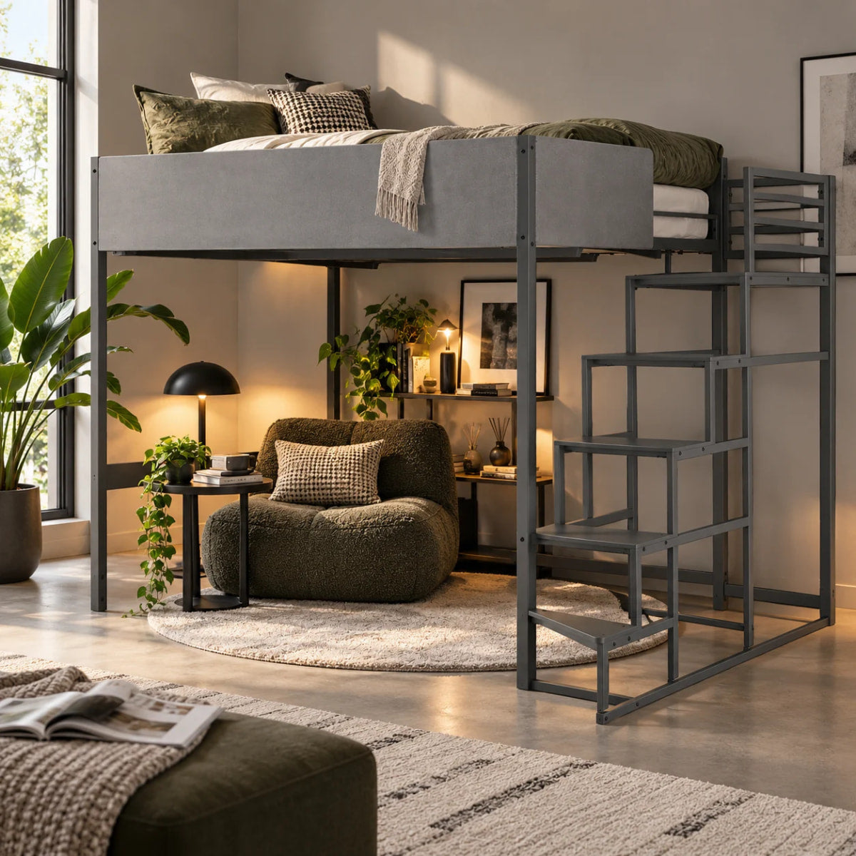 Lifestyle picture lit mezzanine gris tissu gris DOCKLAND