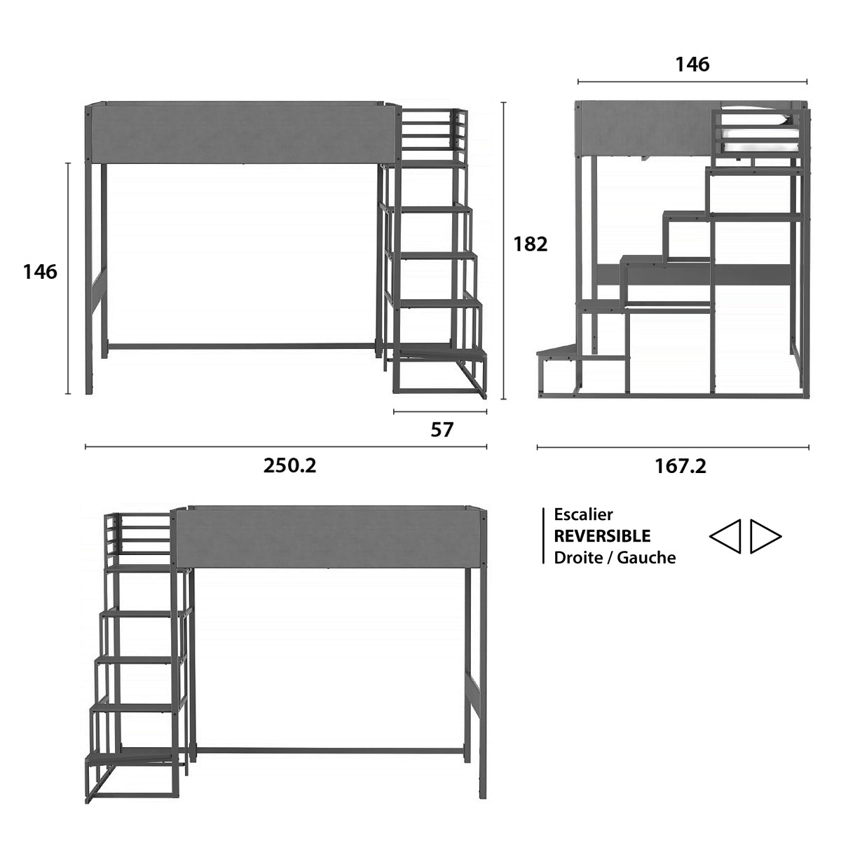 Détail des principales dimensions du lit mezzanine DOCKLAND avec escalier 140x190 cm en métal gris finition tissu gris et mélamine grise