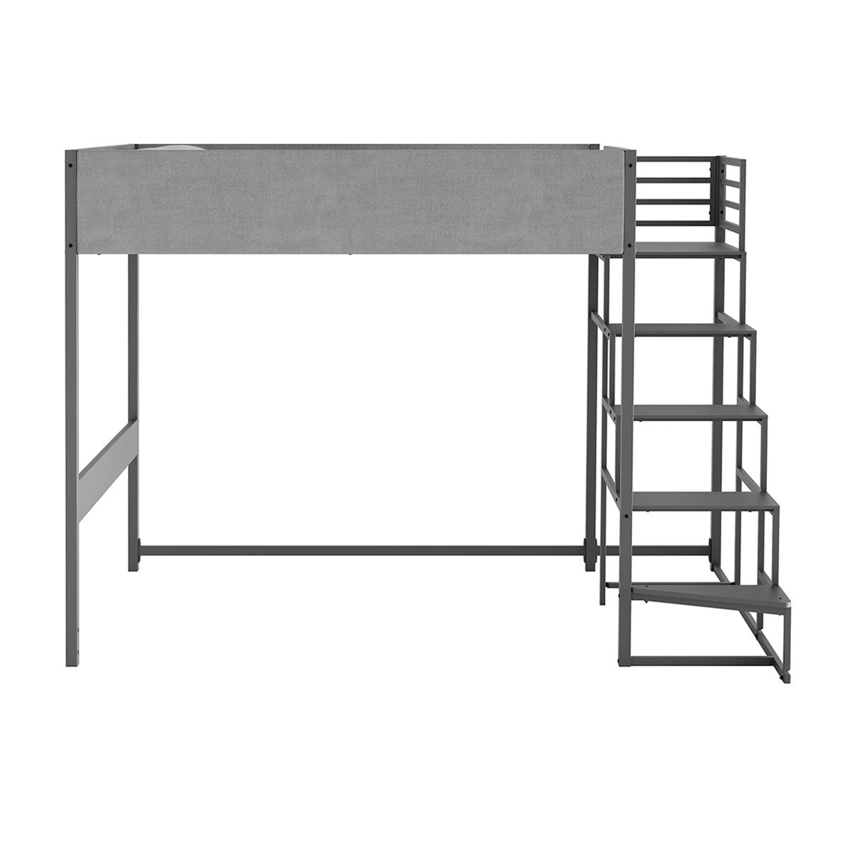 Vue de face du lit mezzanine DOCKLAND avec escalier réversible 140x190 cm en métal gris finition tissu gris et mélamine grise