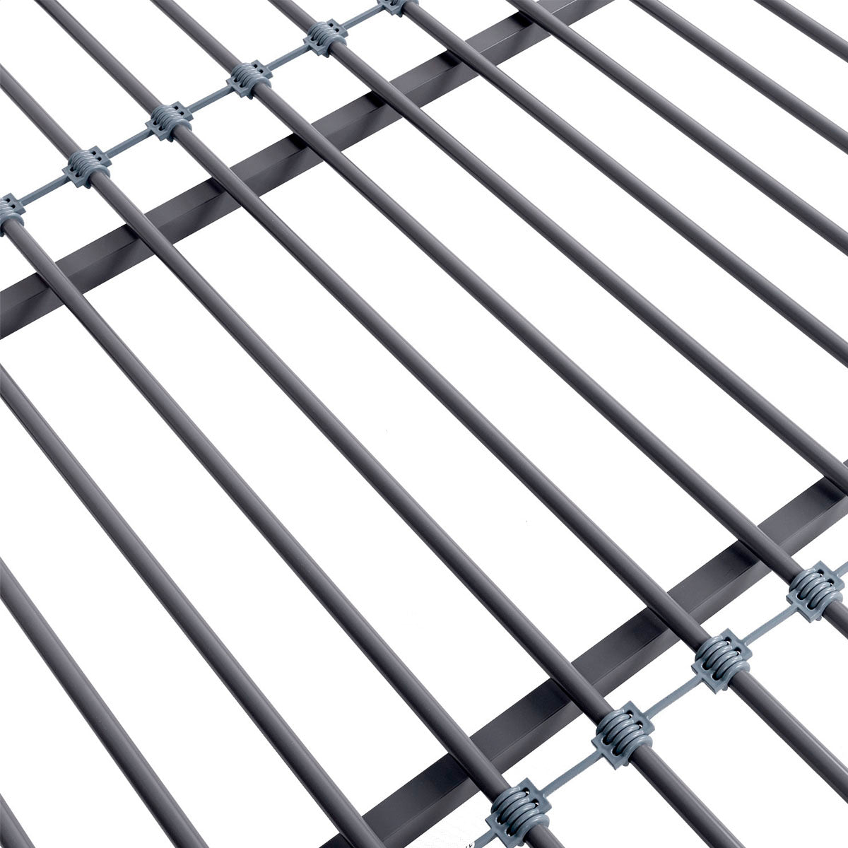 Détail du sommier en métal gris du lit mezzanine DOCKLAND avec escalier réversible 140x190 cm en finition tissu gris et mélamine grise