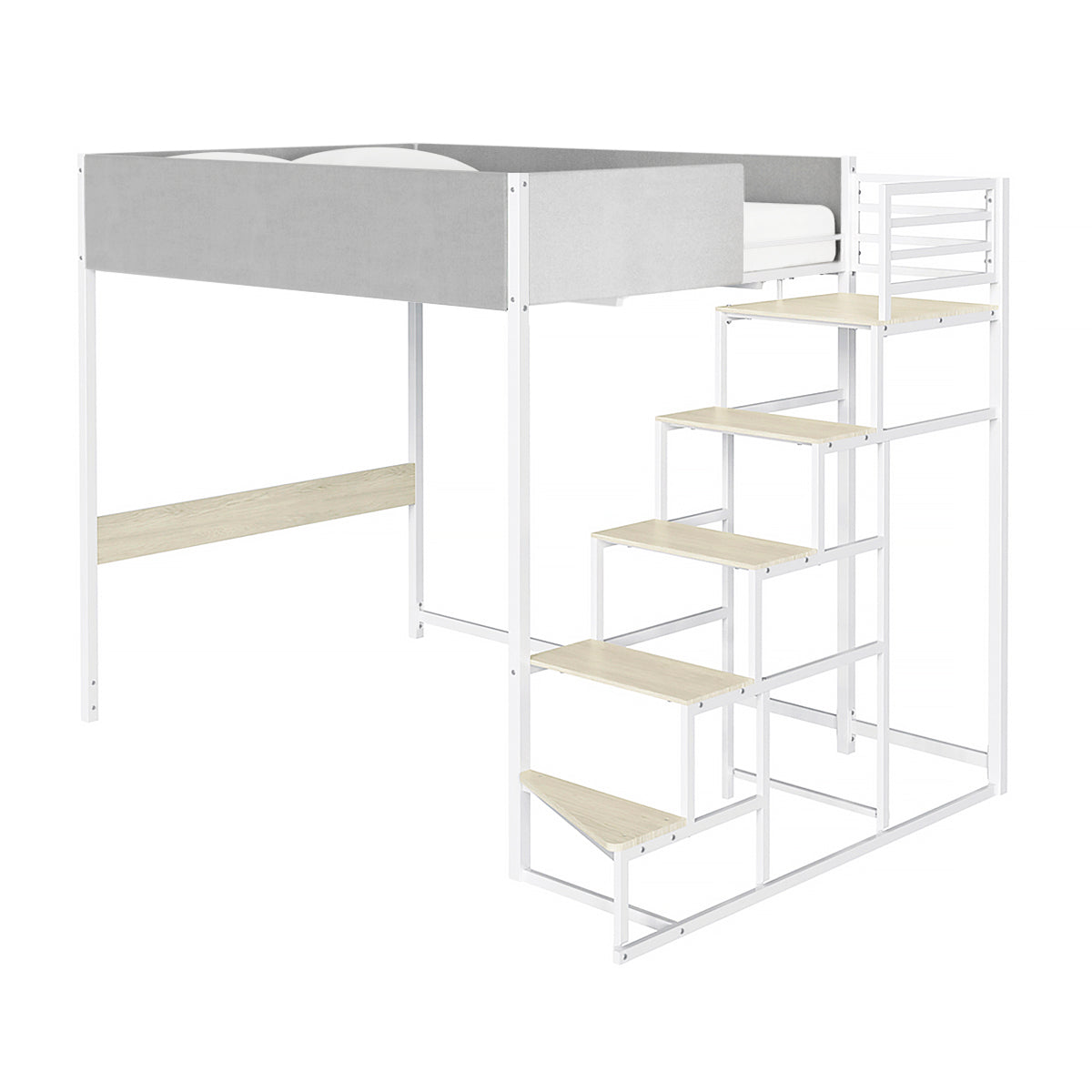 Lit mezzanine 140x190 cm en métal blanc avec escalier latéral réversible gauche/droite, marches en bois clair et barrières de sécurité en velours gris clair au design unique et tendance. Solution idéale pour un aménagement gain de place dans une chambre moderne.