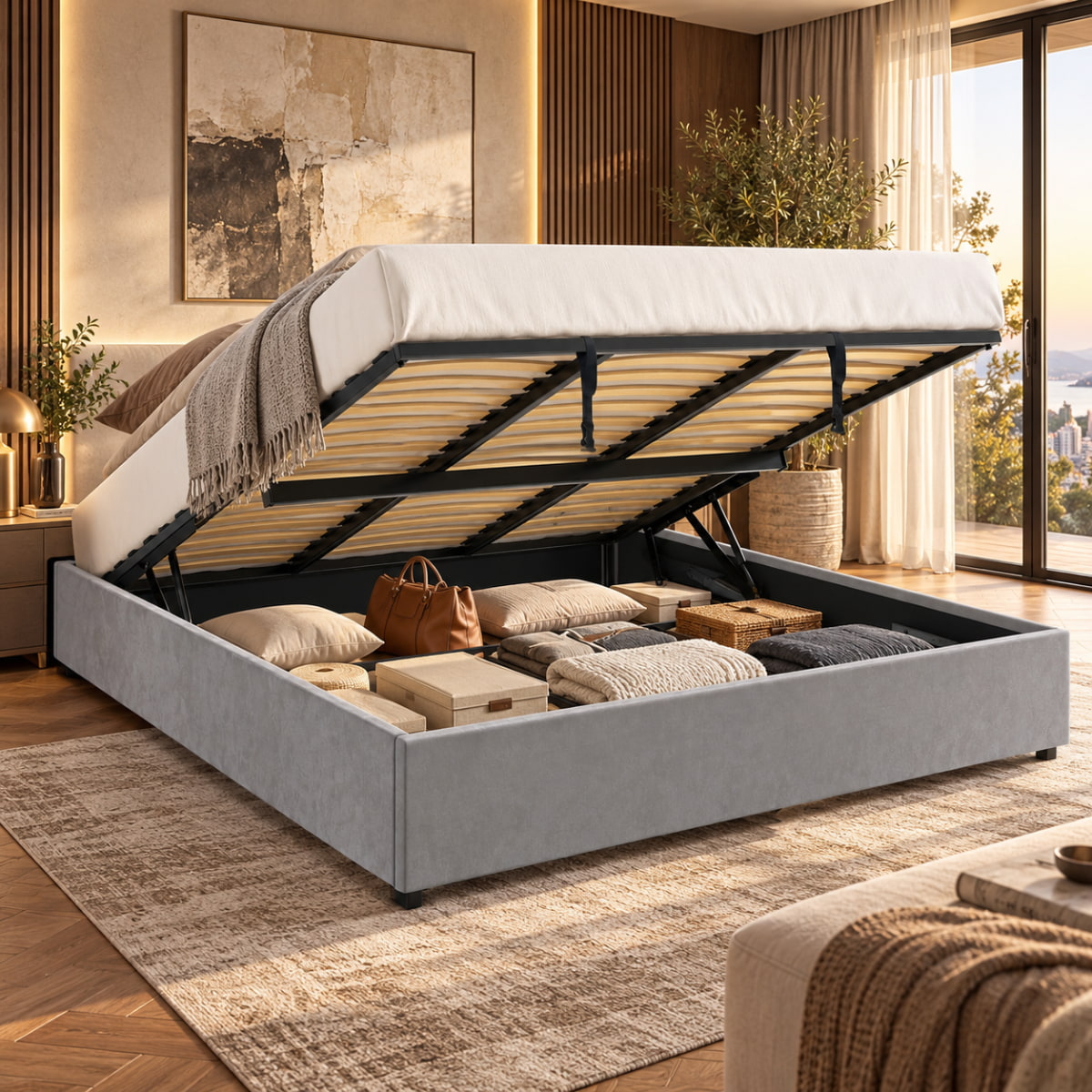 Vue lifestyle du sommier coffre LANCE tissu gris pour matelas 180x200 cm