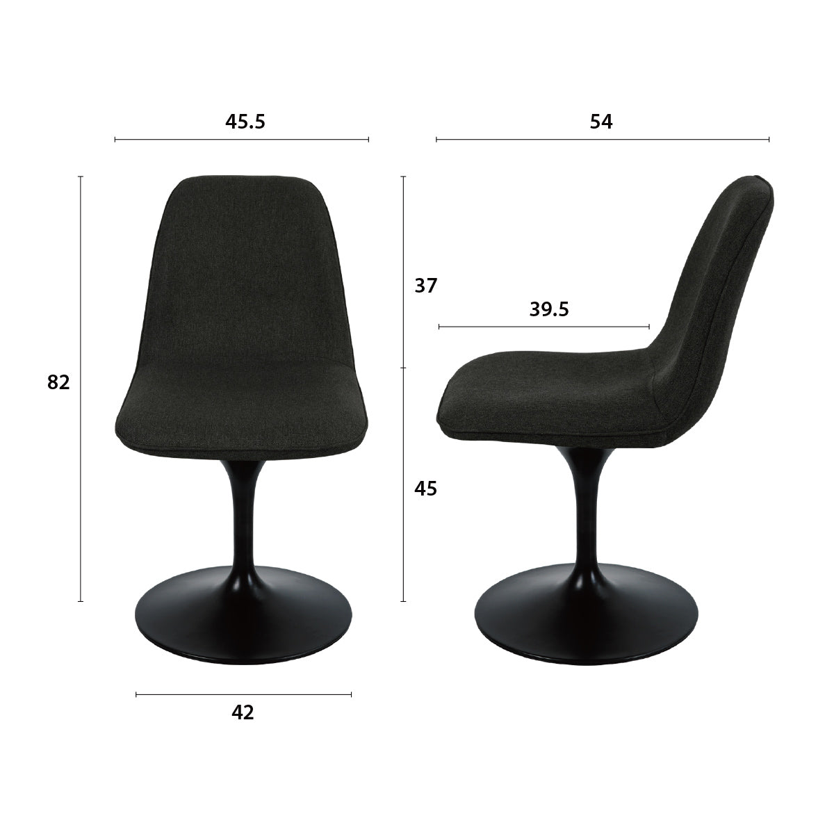 Détail des principales dimensions de la chaise LORA finition tissu noir bronze