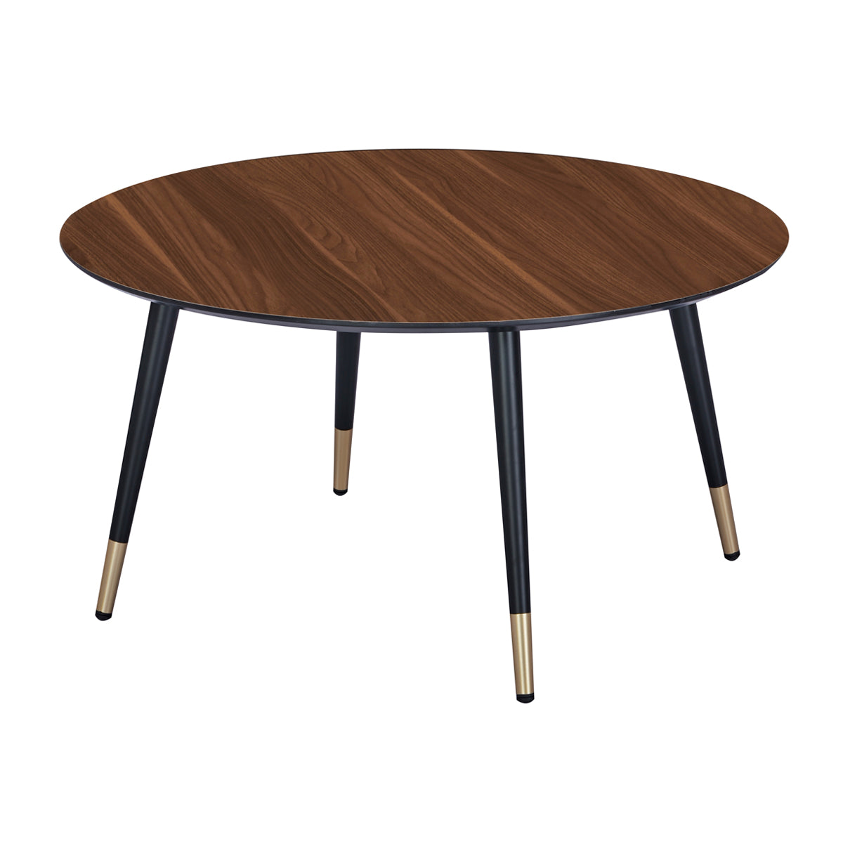 Table basse ronde avec plateau effet noyer et pieds noirs fuselés à embouts dorés, style rétro contemporain idéal pour un salon chaleureux et raffiné.