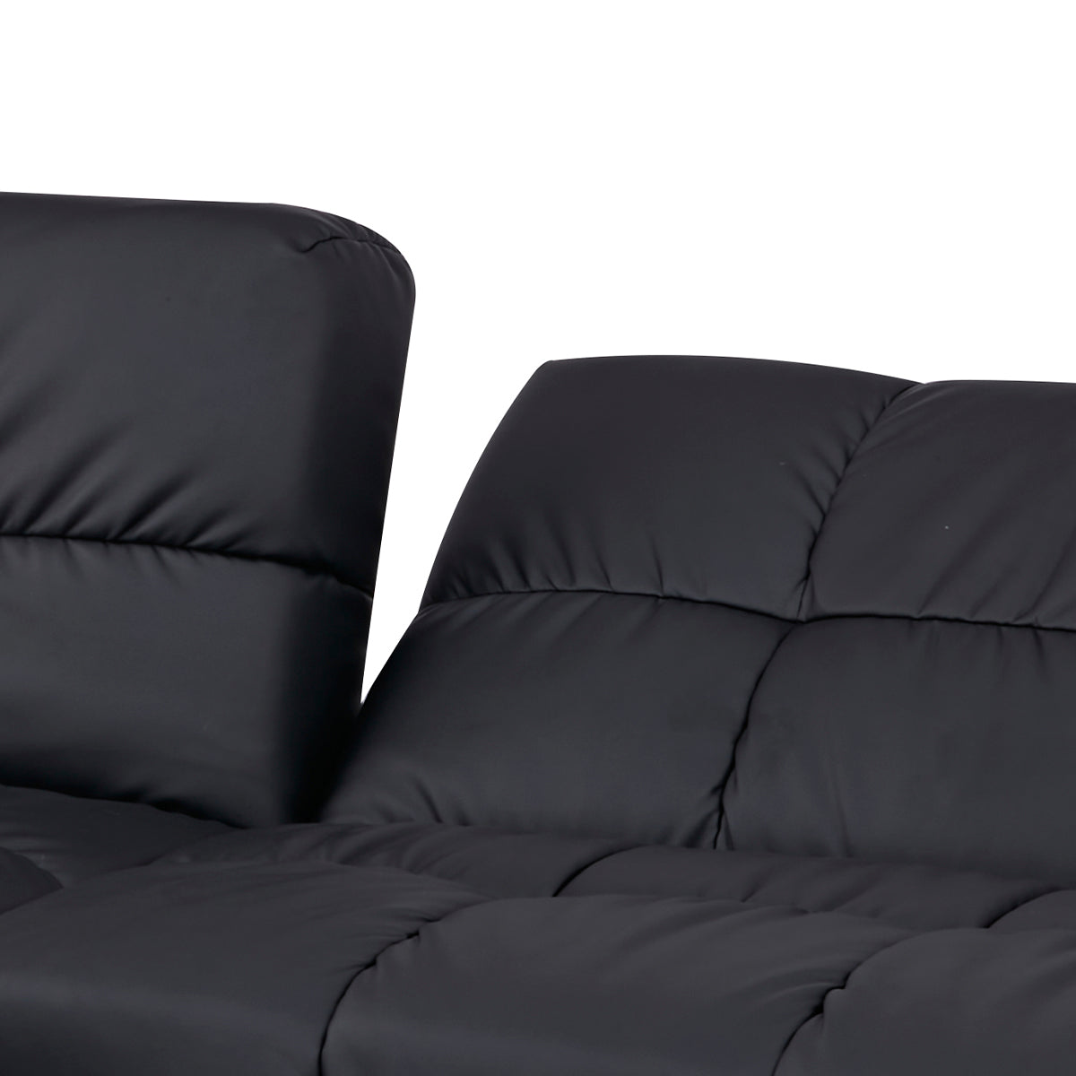 Détail du dossier de l’angle canapé-lit clic clac MELLOW 2 places + 1 place méridienne réversible gauche / droite en finition PU noire