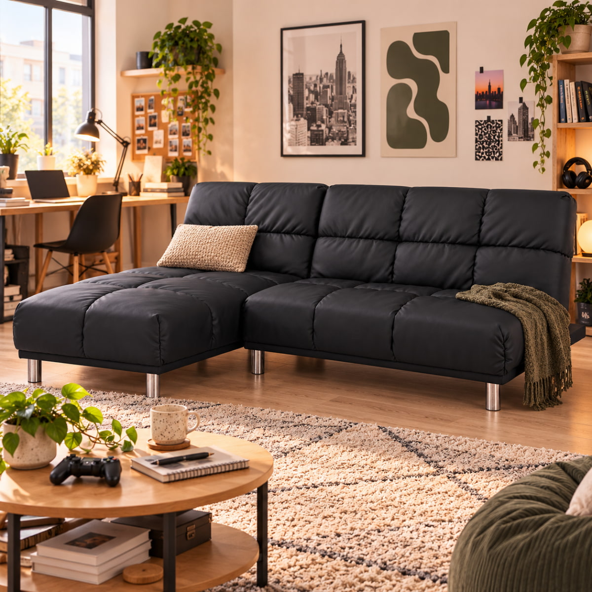 Vue lifestyle de la banquette + meridienne reversible gauche-droite clic clac MELLOW en finition PU noir