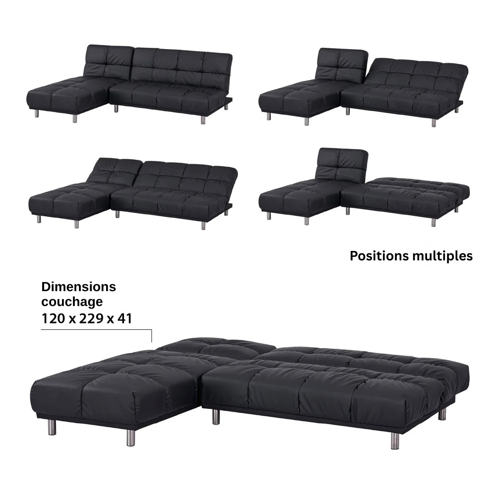 Sofá cama rinconero clic-clac de 2 plazas con chaise longue reversible izquierda / derecha para cama supletoria de 120 x 229 cm en PU negro – MELLOW