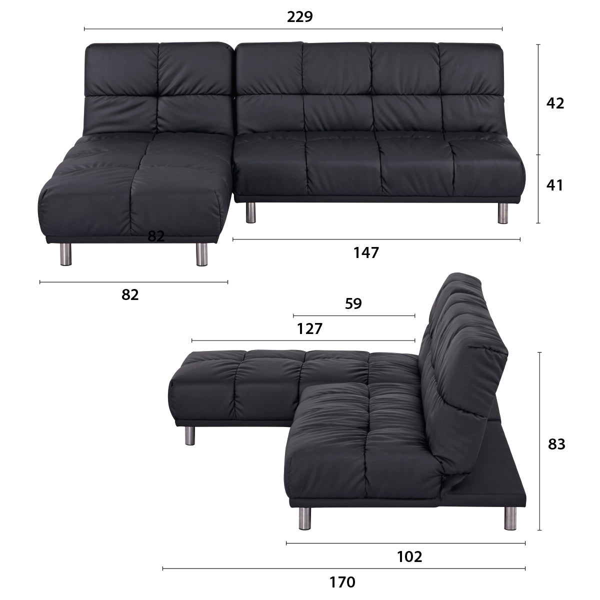 Détail des principales dimensions de l’angle canapé-lit clic clac MELLOW 2 places + 1 place méridienne réversible gauche / droite en finition PU noire