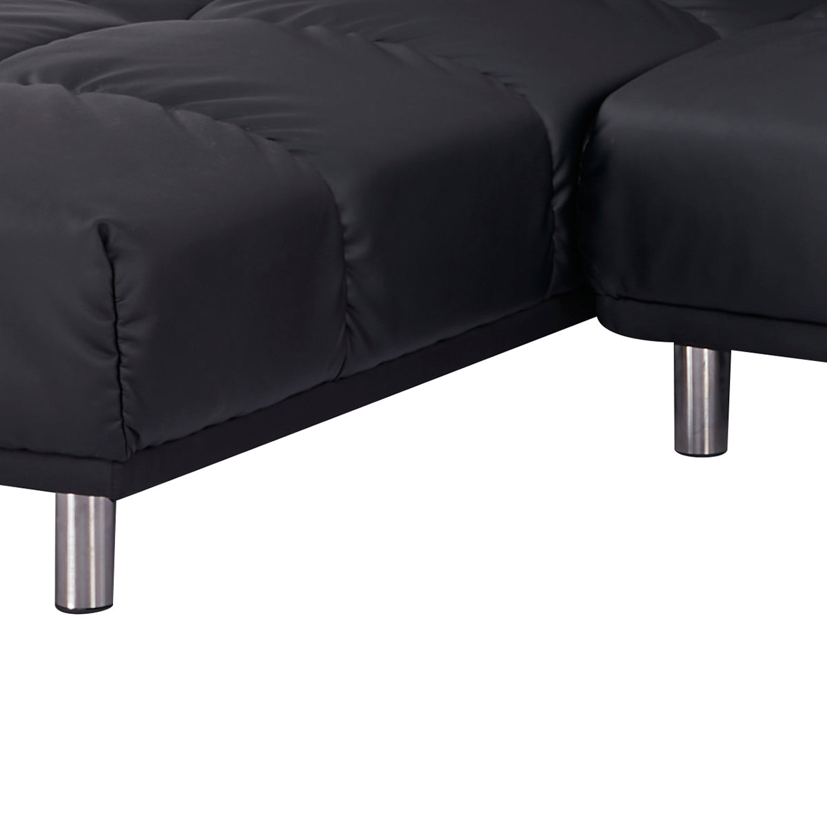 Détail de l'assise de l’angle canapé-lit clic clac MELLOW 2 places + 1 place méridienne réversible gauche / droite en finition PU noire