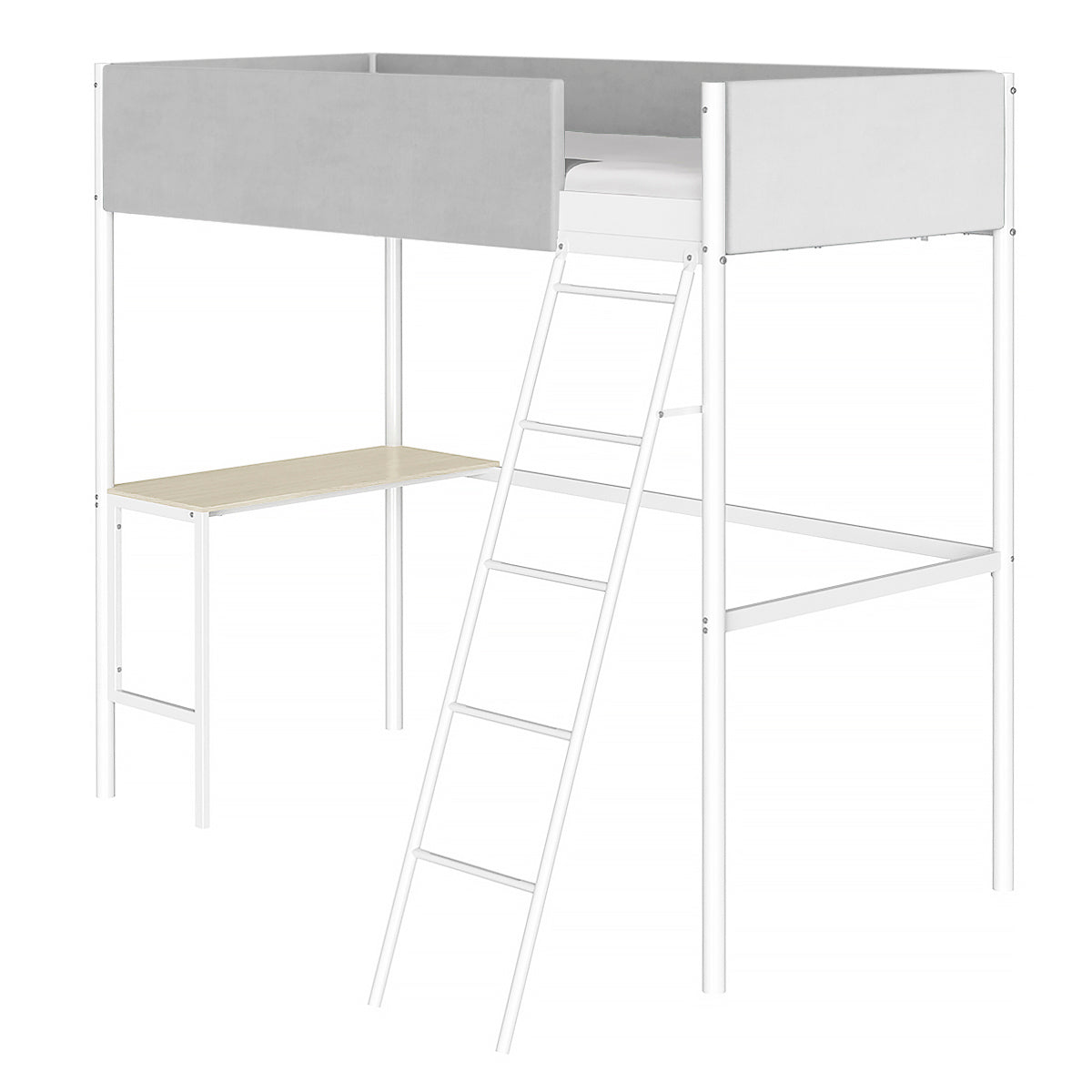 Lit mezzanine 90x190 cm en métal blanc avec bureau intégré en bois clair et barrières en velours gris clair au design moderne, échelle inclinée pour un accès sécurisé. Solution gain de place idéale pour une chambre d’enfant ou d’ado.