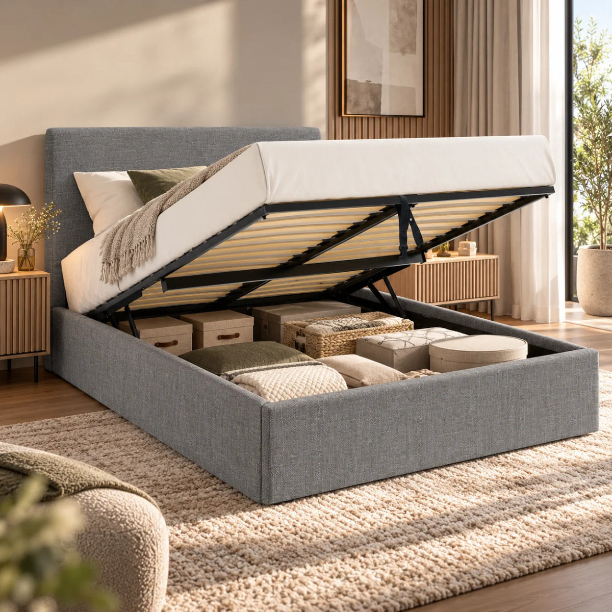 Vue lifestyle du lit coffre ANDY gris pour matelas 140x190 cm