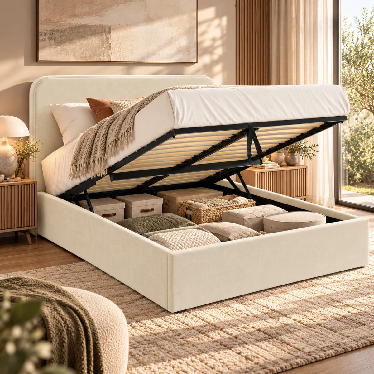 Vue lifestyle du lit coffre ANTON beige pour matelas 140x190 cm