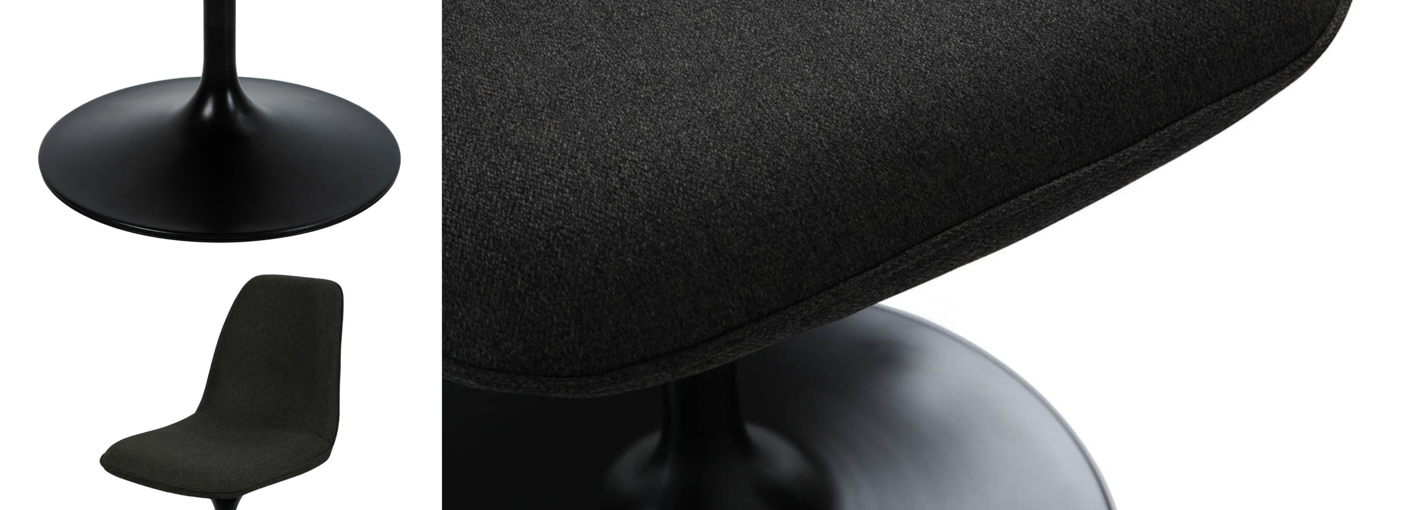 Chaise design pivotante avec pied central noir en métal et assise rembourrée en tissu noir anthracite, idéale pour salle à manger, bureau ou coin lecture.