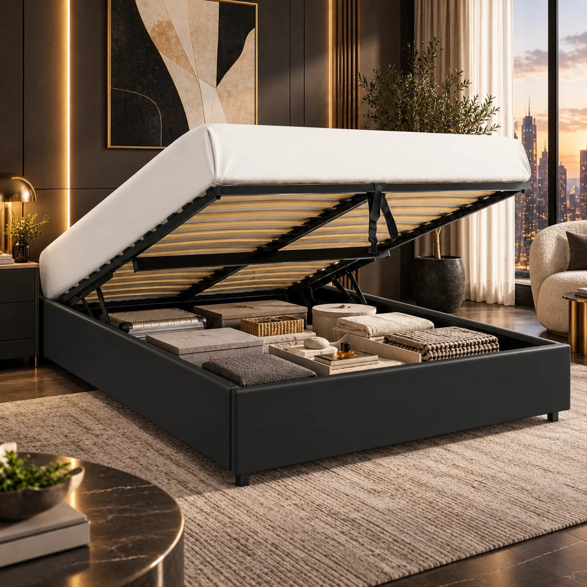 Vue lifestyle du sommier coffre LANCE PU noir pour matelas 140x190 cm