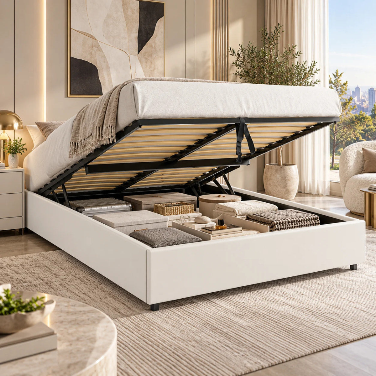 Vue lifestyle du sommier coffre LANCE PU blanc pour matelas 140x190 cm