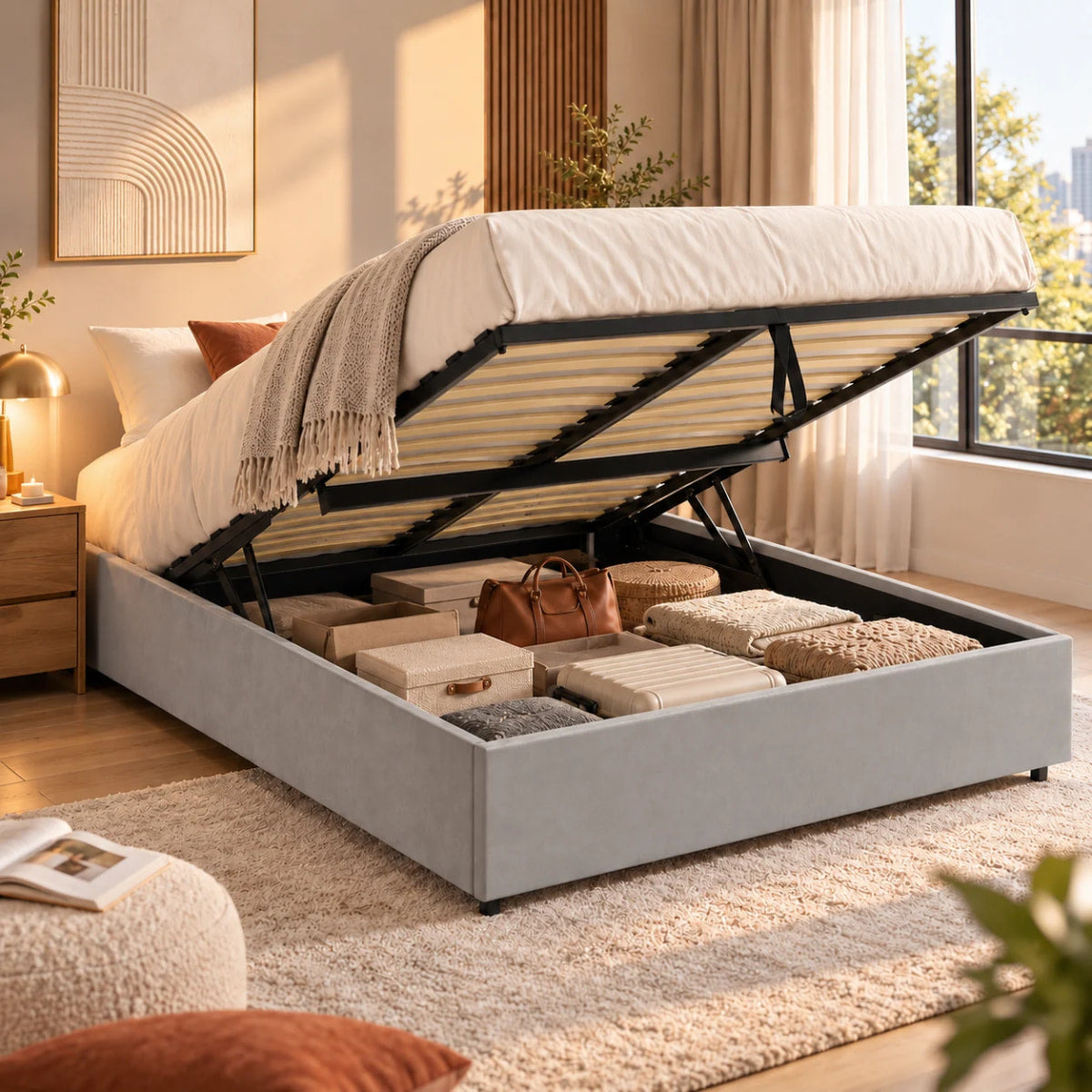 Vue lifestyle du sommier coffre LANCE tissu gris pour matelas 140x190 cm