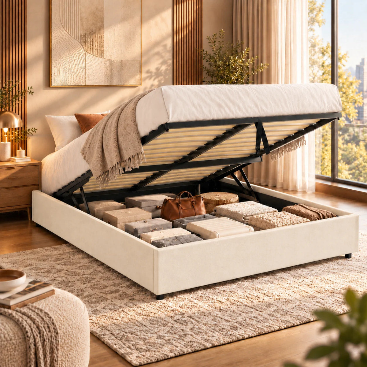Vue lifestyle du sommier coffre LANCE tissu beige pour matelas 160x200 cm