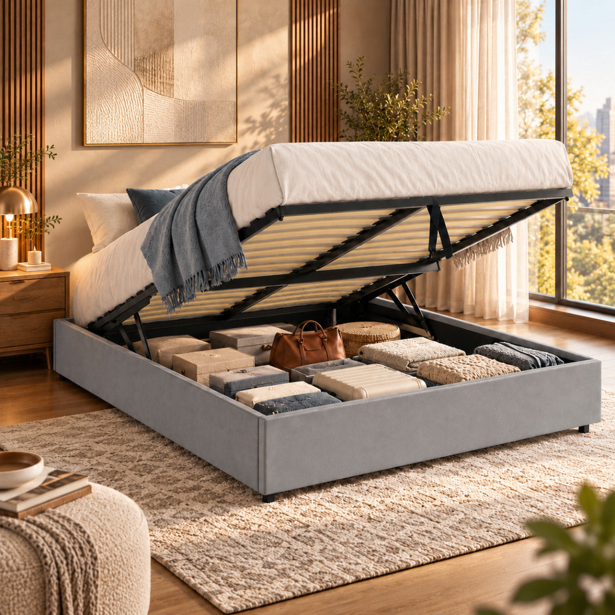 Vue lifestyle du sommier coffre LANCE tissu gris pour matelas 160x200 cm